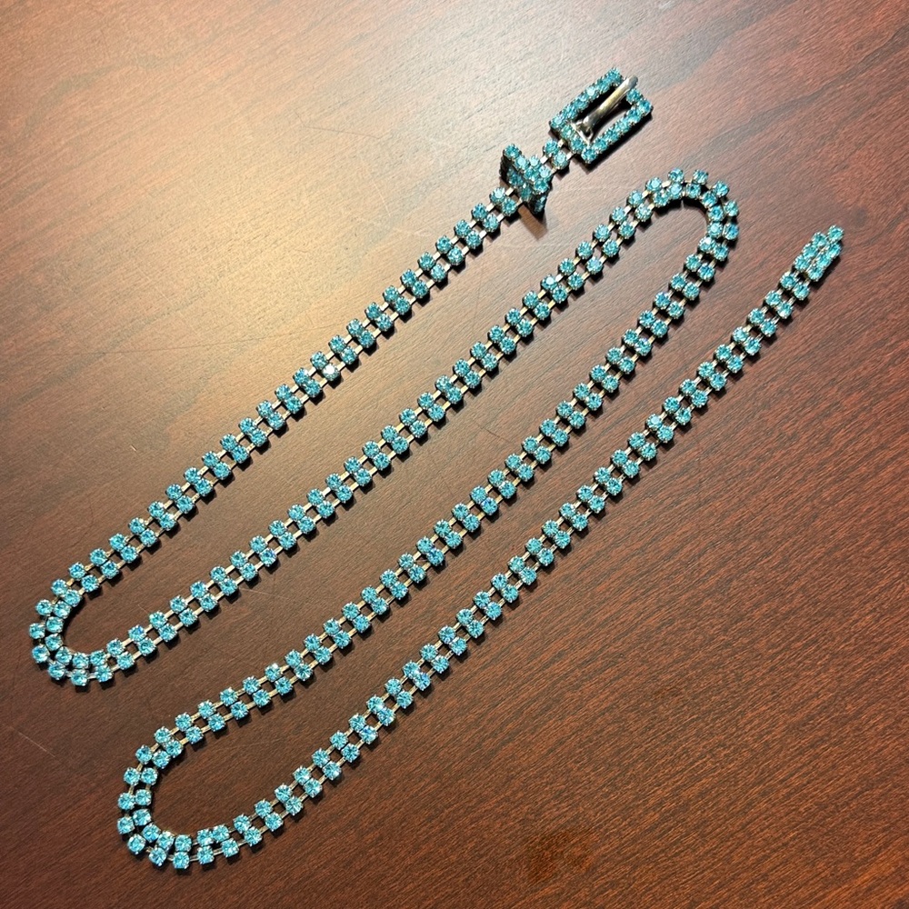 Vintage Blue Rhinestone Belt 37” long